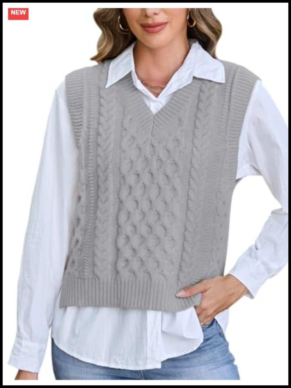 Womens V-Neck Cable Knit Sweater Vest Sleeveless Pullover Top